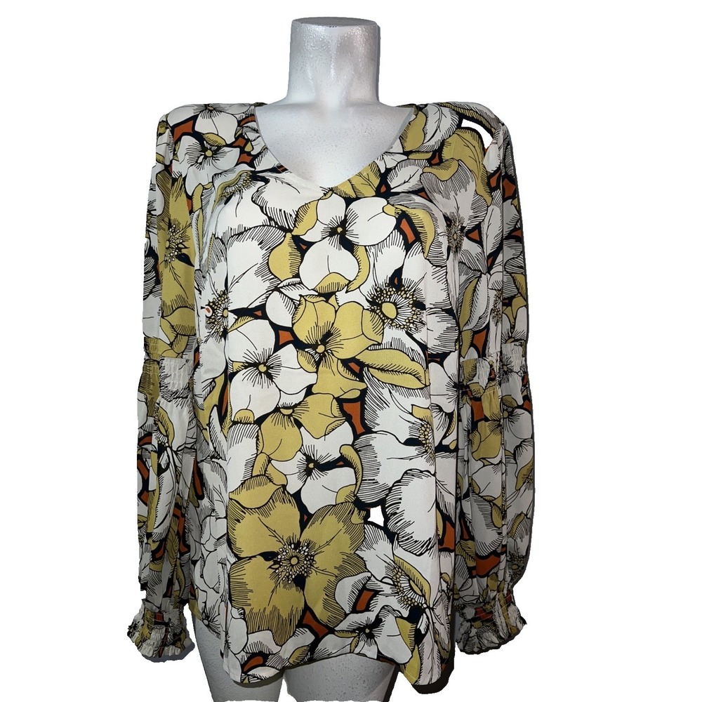 Cabi Floral V-Neck Blouse Yellow Cream Orange Smocked Cuff Top L 5884